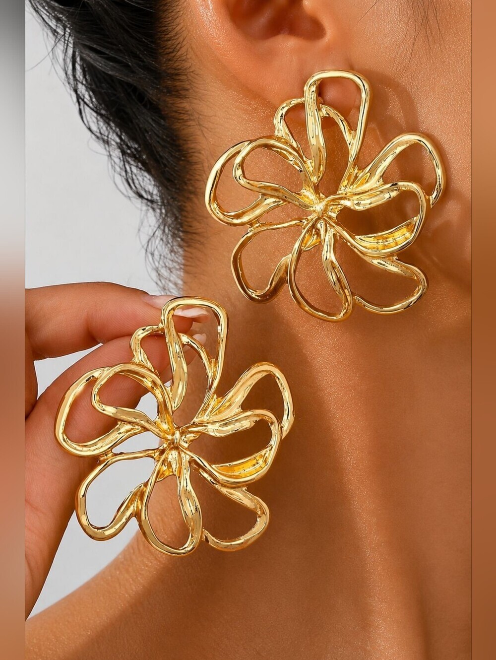 Fancy Gold Tone Openwork Floral Hoop Earrings